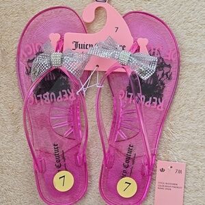 Juicy Couture Spain Rhinestone Bow Slip On Flat Pink Flip Flops Size 7